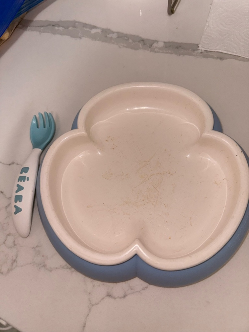 RéaRéa Kids Suction Plate with Matching Fork — Blue & White